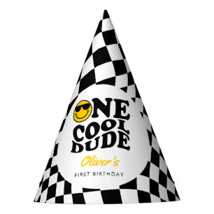 Chequered Yellow Cool Preppy Smile 1st Birthday Party Hat