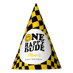 Chequered Yellow Happy Smile 1st Birthday Custom Party Hat