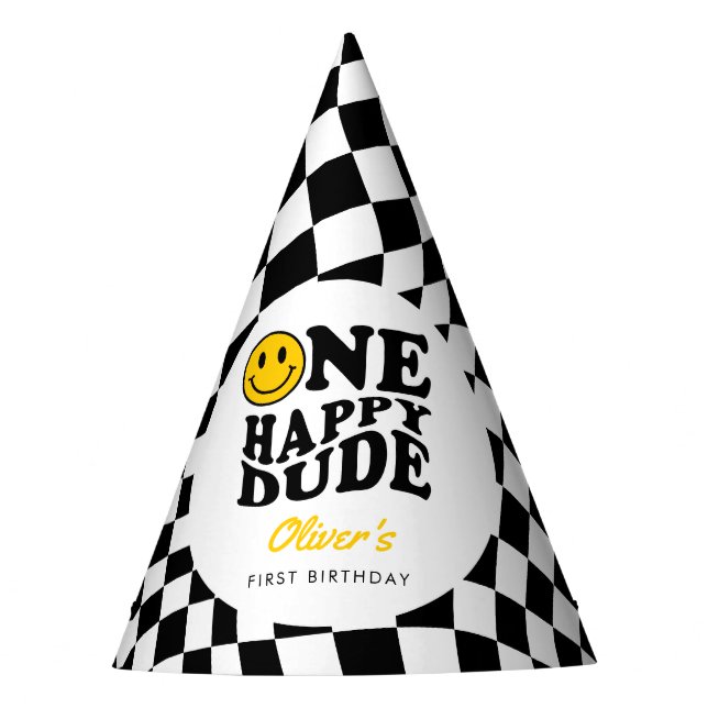 Chequered Yellow Preppy Smile 1st Birthday Custom Party Hat (Front)