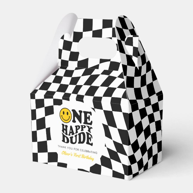 Chequered Yellow Preppy Smile Custom 1st Birthday Favour Box (Front Side)