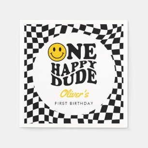 Chequered Yellow Smile Face 1st Birthday Custom Napkin