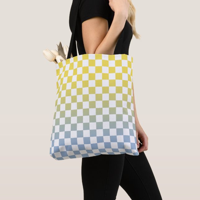 Chequered Yellow to Light Blue and White Pattern Tote Bag (Close Up)