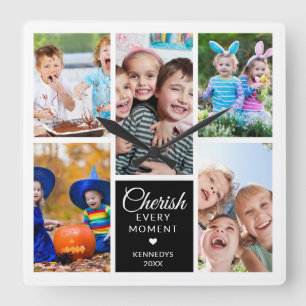 Cherish Every Moment Black White 5 Photo Collage Square Wall Clock