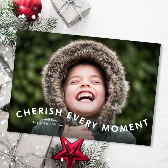 Cherish Every Moment Modern 2 Photo Christmas Card (Creator Uploaded)