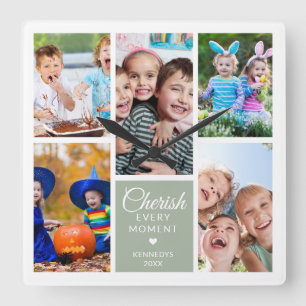 Cherish Every Moment Sage Green 5 Photo Collage   Square Wall Clock