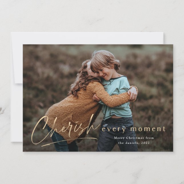 Cherish Every Moment Script Photo Merry Christmas Card (Front)