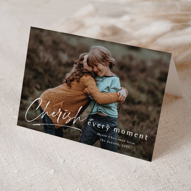 Cherish Every Moment Script Photo Merry Christmas Holiday Card (Modern script handwritten photo Christmas holiday cards.)