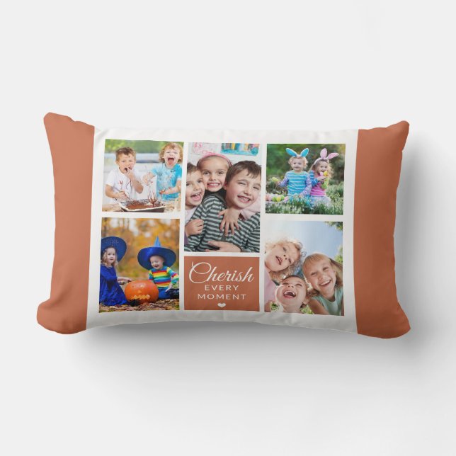 Cherish Every Moment Terracotta 5 Photo Collage   Lumbar Cushion (Front)