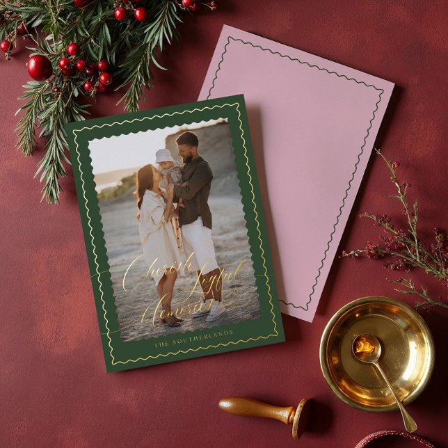 Cherish Joyful Memories Wavy Modern Minimal Photo Foil Holiday Card (Cherish Joyful Memories Wavy Modern Minimal Photo Foil Holiday Card)