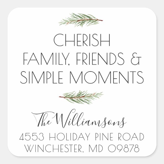 Cherish Simple Holiday Moments Return Address Square Sticker (Front)