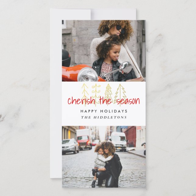 Cherish The Season Red Script Two Photos Holiday Card (Front)