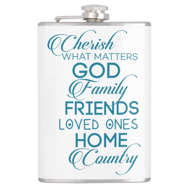 Cherish What Matters Teal Hip Flask (Front)