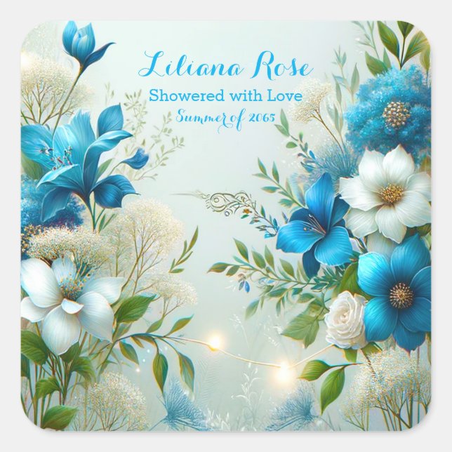 Cherished Blue Floral Blooms Bridal Shower Square Sticker (Front)