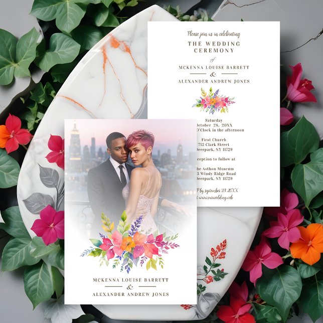 Cherished Colourful Flowers & Foliage Garland Phot Invitation (Cherish Colorful Flowers & Foliage Garland Photo Wedding Invitations Cards. )