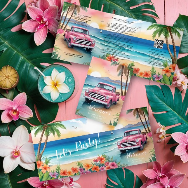 Cherished Cute Pink Van Floral Beach Bachelorette Tri-Fold Invitation (Cherish Cute Pink Van Floral Beach Bachelorette Weekend Tri-Fold Invitations Cards and Plans.)