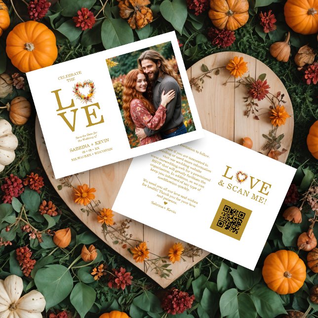 Cherished Exquisite Love Quote Fall Floral Heart Save The Date (Cherish Exquisite Love Quote Fall Floral Heart-Shape Wreath Photo Wedding Save the Dates Cards.)