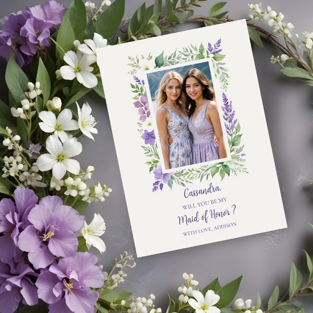 Cherished Floral Frame Bridesmaid Photo Proposal (Cherish Cute Floral Frame Bridesmaid Photo Proposal Card in Lavender Shades. )