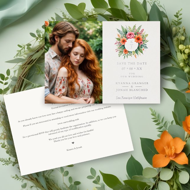 Cherished Initials Colorful Floral Wreath Wedding (Cherish Initials Colorful Shades Floral Wreath Wedding Photo Metallic Foil Save the Dates Cards.)
