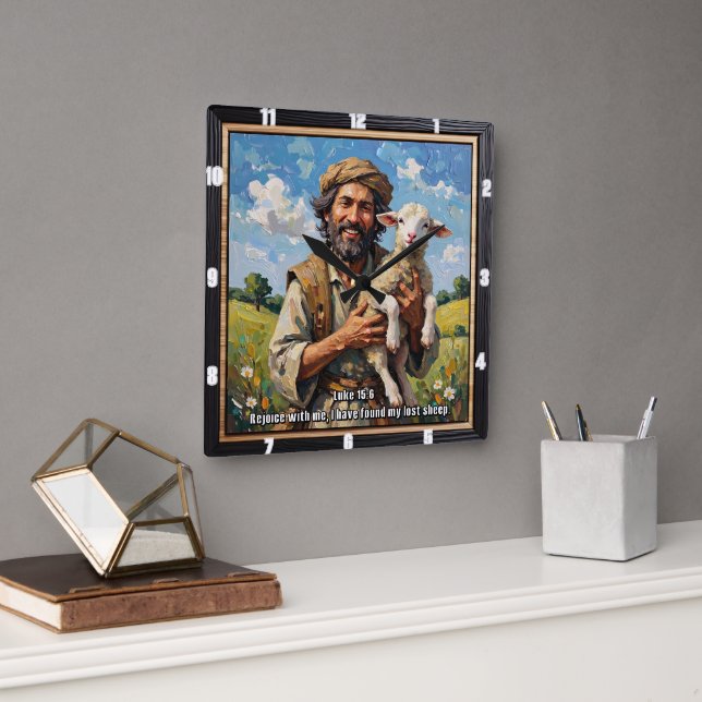 Cherished Lamb: Luke 15:6 Remind Square Wall Clock (Office)