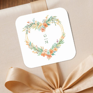 Cherished Romantic Green Orange Floral Heart Shape Square Sticker