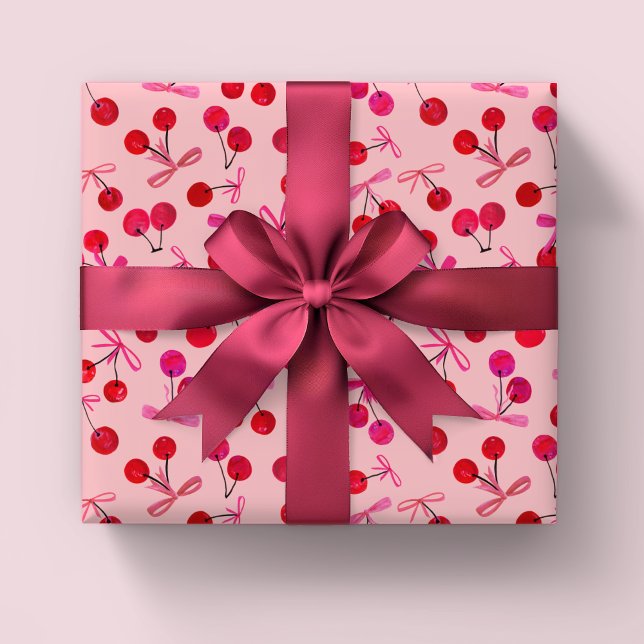 Cherries and bows pattern wrapping paper (Coquette cherry & bow girly pink wrapping paper rolls. Great for girls birthday or baby shower.)