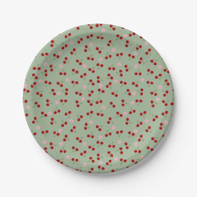 Cherries And Flowers Paper Plate (Front)