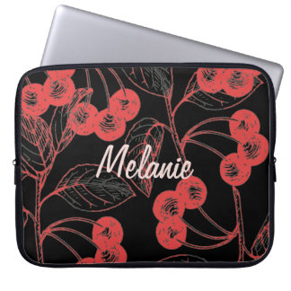Cherries and Leaves Red on Black Personalised Laptop Sleeve