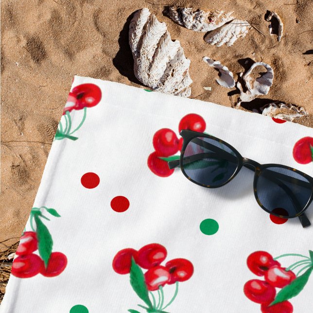 Cherries And Polka Dots Beach Towel (Go to the beach in retro style! 🌞🍒)