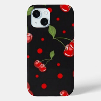 Cherries and red polkadots and a black background iPhone 15 case
