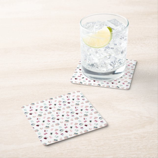 Cherries, berries and bows! square paper coaster (Insitu)