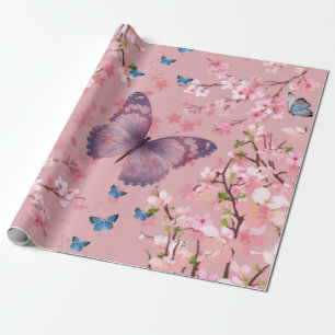 Cherries Blossom & Colourful Butterflies Wrapping Paper