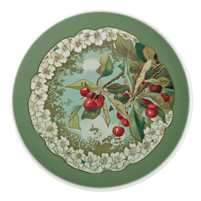 Cherries ~ Botanical Fruit ~ Any Background Ceramic Knob (Front)