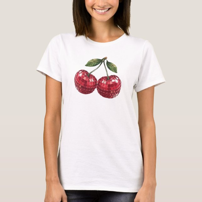cherries fruit disco ball groovy retro T-Shirt (Front)