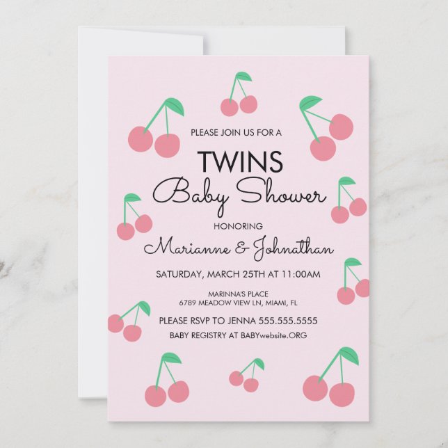 Cherries Fruit Pink Red Twins Baby Shower   Invitation (Front)