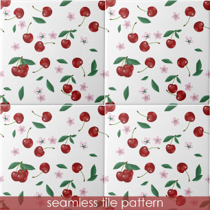 Cherries Greenery Cherry Blossoms Seamless Pattern Ceramic Tile