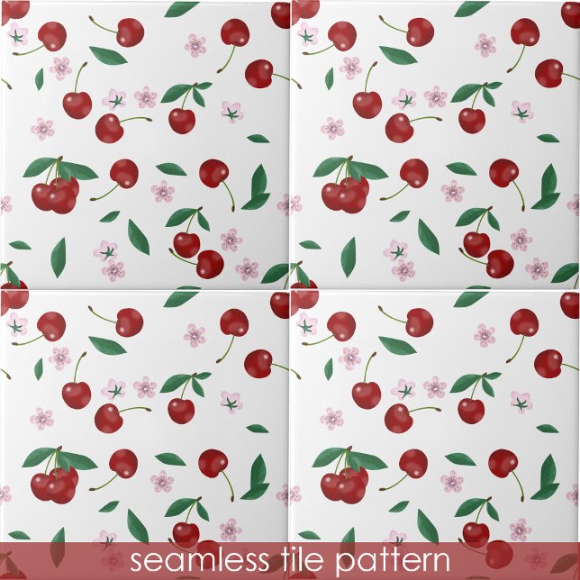 Cherries Greenery Cherry Blossoms Seamless Pattern Ceramic Tile (Cherries Greenery Cherry Blossoms Seamless Pattern Ceramic Tile)