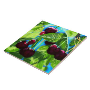 Cherries Hanging From Branches Cherry Red Green Ceramic Tile