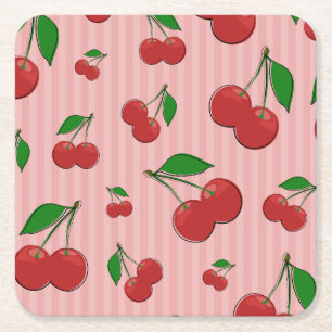 Cherries Illustration Square Paper Coaster