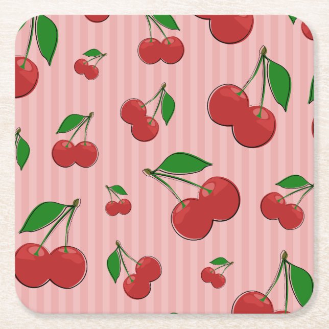 Cherries Illustration Square Paper Coaster (Front)