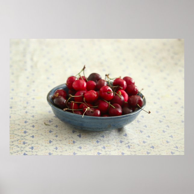 Cherries in a blue bowl poster (Front)