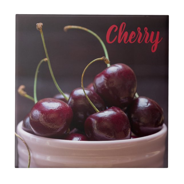 Cherries in pink bowl for fruit lover ceramic tile (Front)