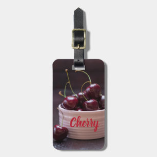 Cherries in pink bowl for fruit lover luggage tag