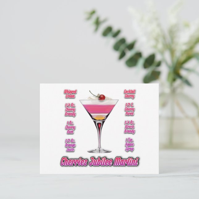 Cherries Jubilee Martini Cocktail Recipe Art Postcard (Standing Front)