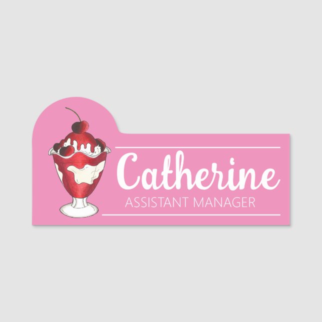 Cherries Jubilee Sundae Ice Cream Scoop Shop Name Tag (Front)