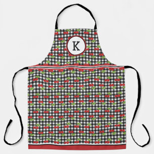 Cherries On Black Gingham Monogrammed Apron