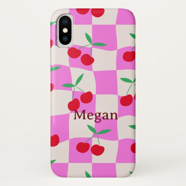 Cherries on Pink Warped Checkerboards Custom Name  Case-Mate iPhone Case (Back)