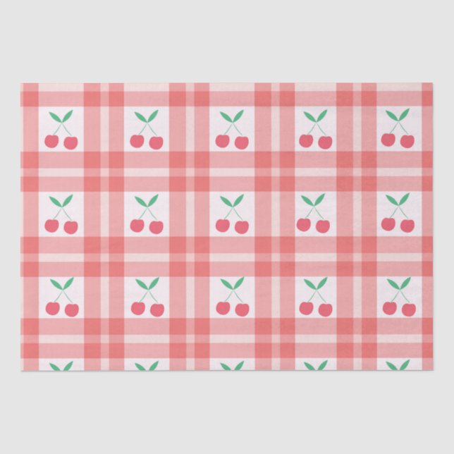 Cherries on Red Plaid Gingham Pattern  Tissue Paper (Front)