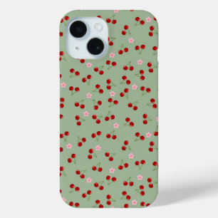 Cherries Pattern on Green Background iPhone 15 Case