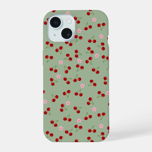 Cherries Pattern on Green Background iPhone 15 Case (Back)