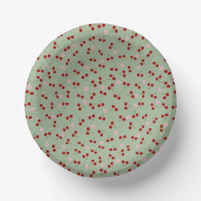 Cherries Pattern on Green Background Paper Plate (Front)